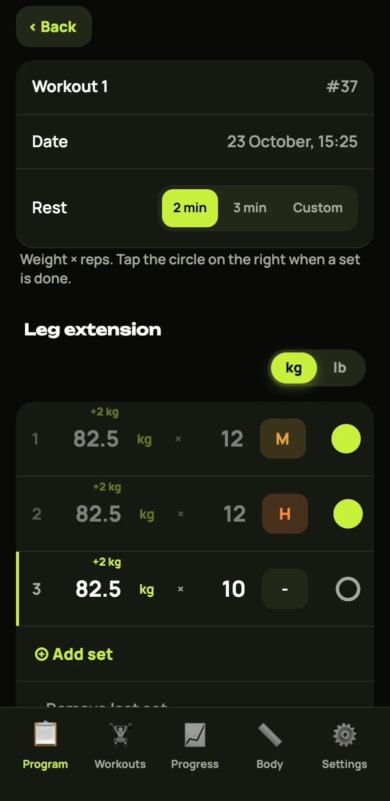 GymLog client app: Workout log